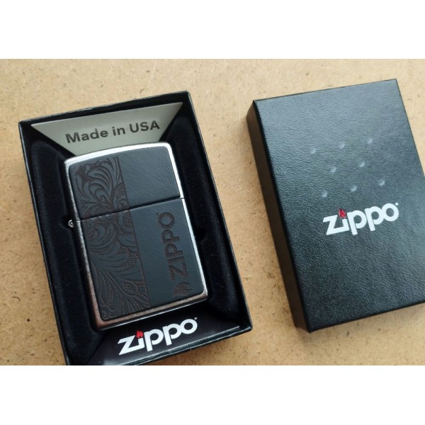 Запальничка бензинова ZIPPO Black Leather Emblem - Zippo Design, хром, шкіра, чорний (46919)