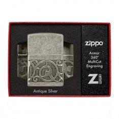 Запальничка бензинова армована Zippo Armor® Antique Silver Pattern Design MultiCut античне срібло, подарункова коробка (49290)