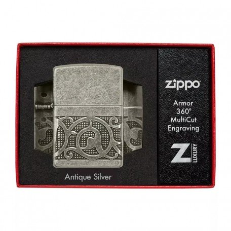 Запальничка бензинова армована Zippo Armor® Antique Silver Pattern Design MultiCut античне срібло, подарункова коробка (49290)