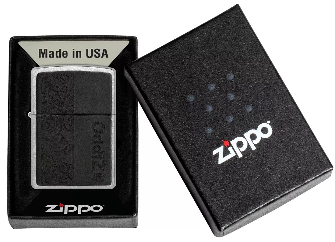 Запальничка бензинова ZIPPO Black Leather Emblem - Zippo Design, хром, шкіра, чорний (46919)
