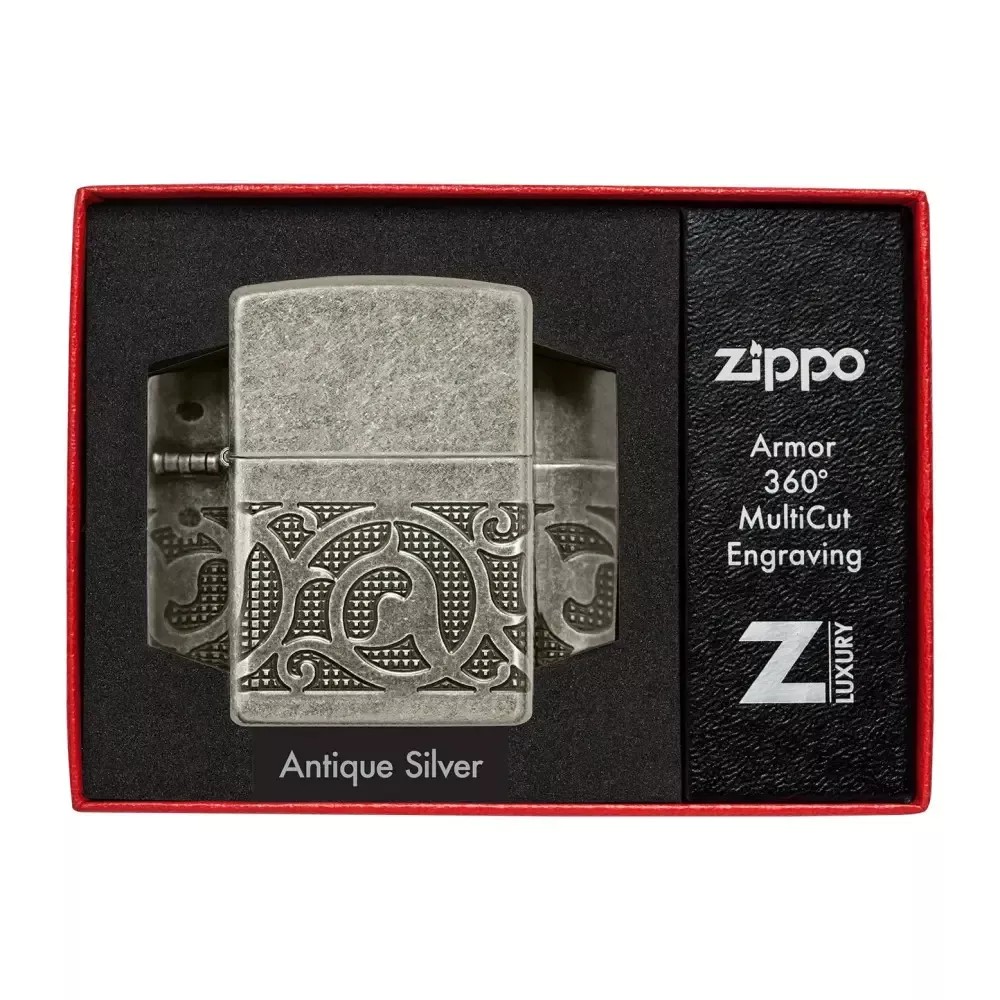 Запальничка бензинова армована Zippo Armor® Antique Silver Pattern Design MultiCut античне срібло, подарункова коробка (49290)